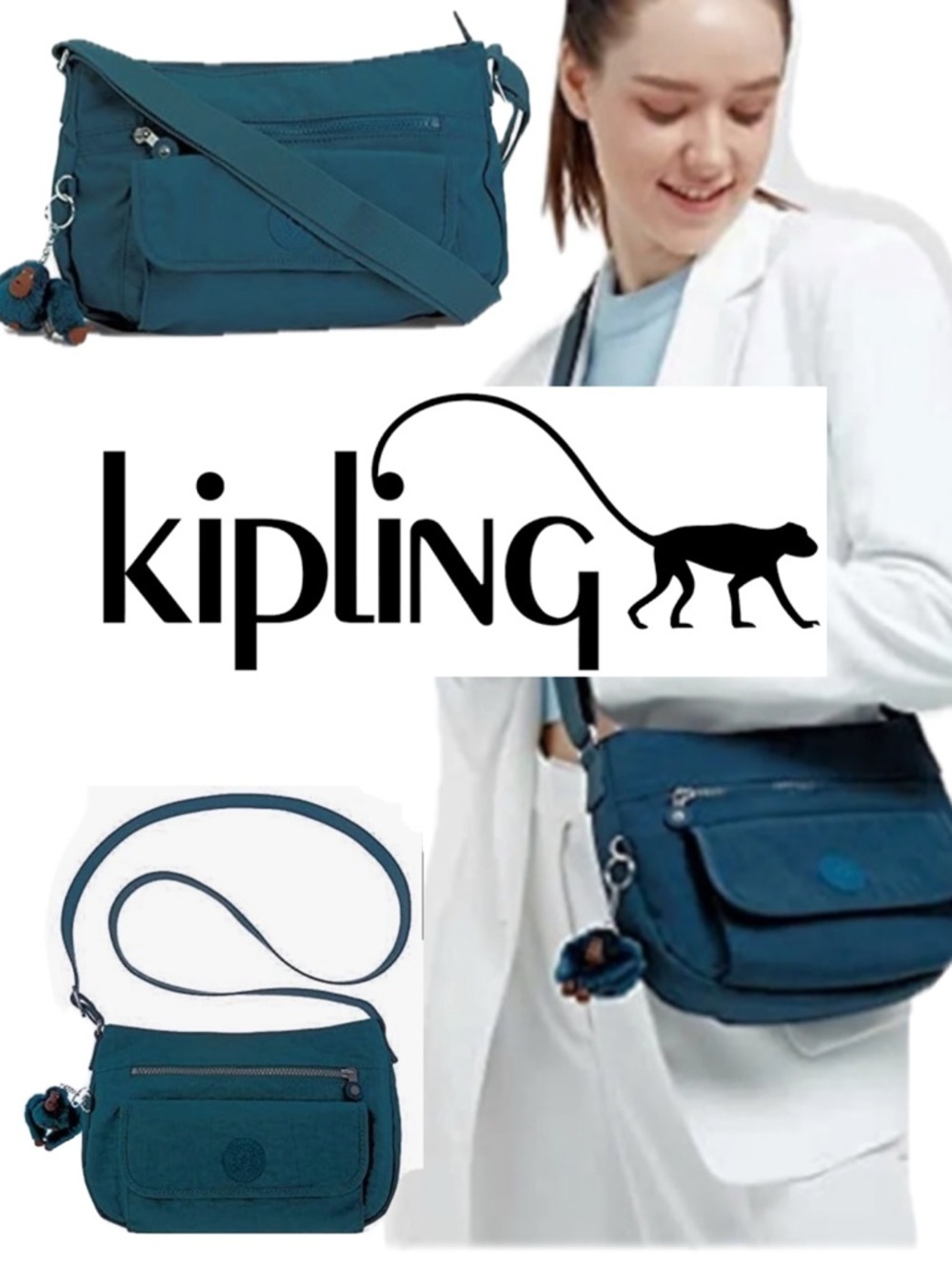 Kipling Syro Twinkle Teal Nylon Crossbody Bag Terrence Peterson Monkey Keychain